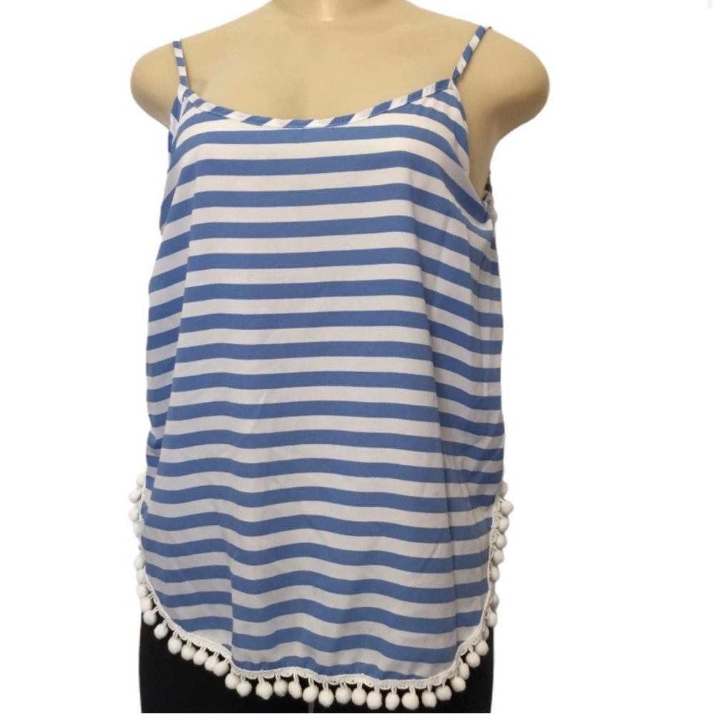 Peach Love Blue & White Sailor Striped Pom Pom Tank Top S💙